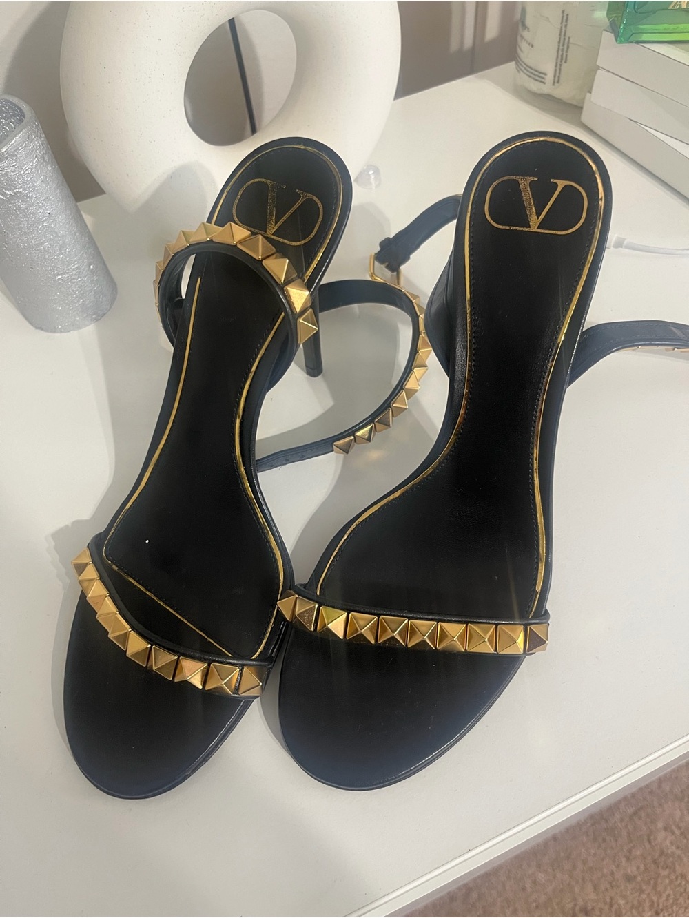 Valentino Black Leather Gold-Stud Sandal Heels